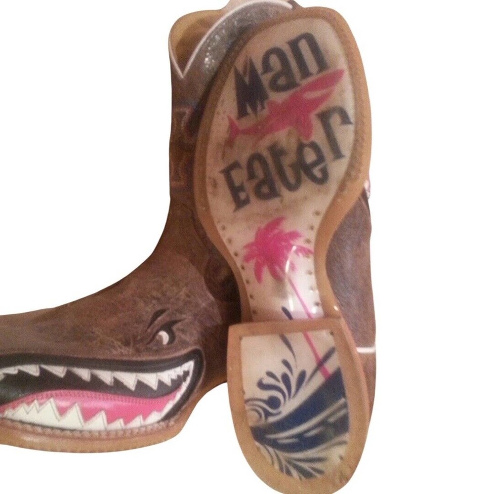 Tin Haul Brown Western Heeled Boots with Pink and White Accents